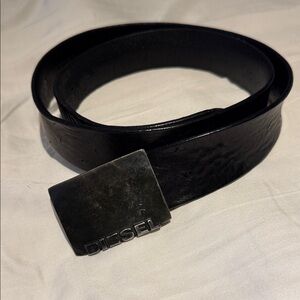 Diesel Black Leather Belt with Logo Buckle